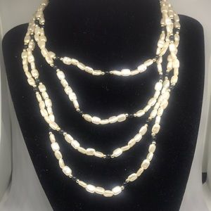 Vintage | Faux Pearl | Bead | Black | Gold | Long Necklace | Approx. 62”
